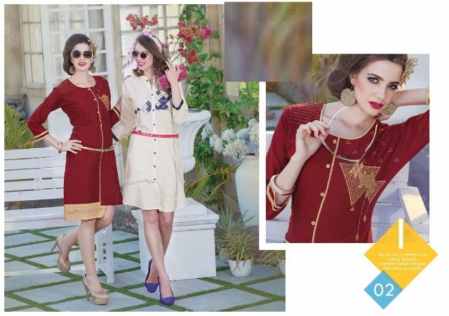 Maroon Cotton Slub Embroidery Kurti