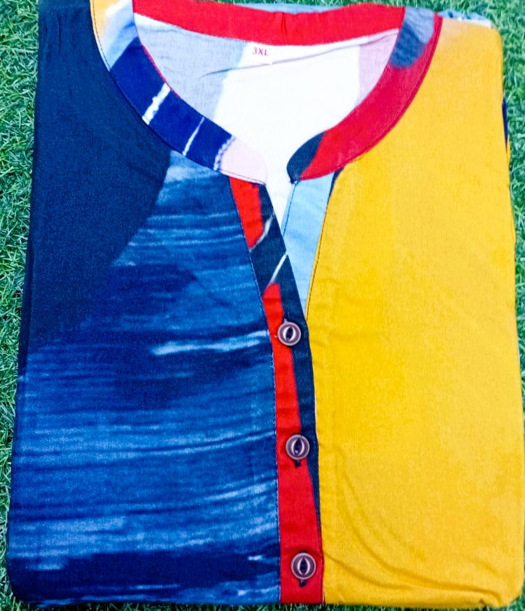 Colorful jacket with blue, red, and yellow sections on a grass background