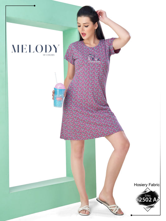 Woman wearing a patterned dress holding a drink, with 'MELODY' branding in the background.