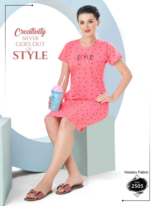 Woman wearing a pink dress with 'STYLE' text, holding a blue cup, against a white background with promotional text.