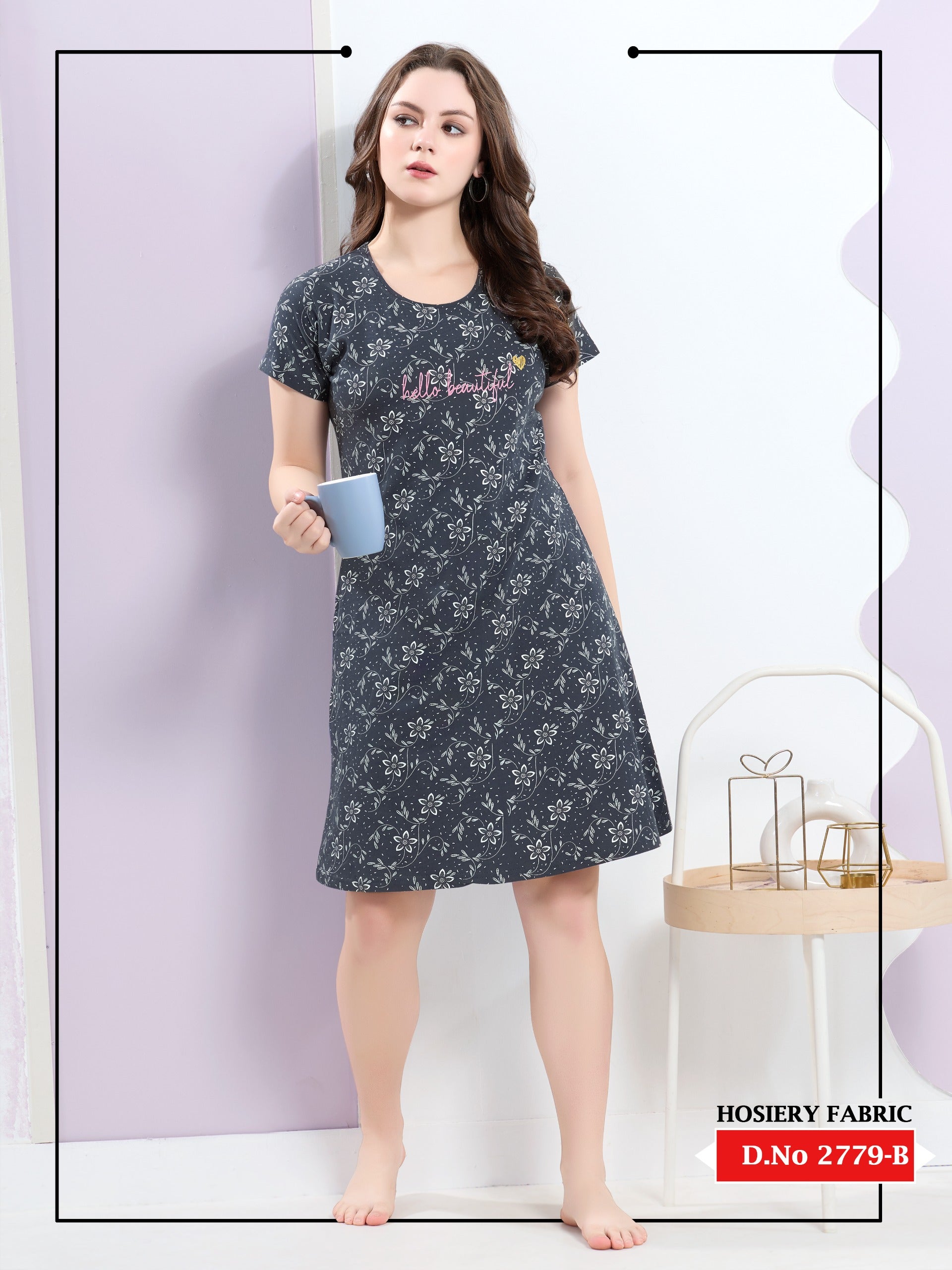 Woman wearing a floral nightdress holding a cup against a white background