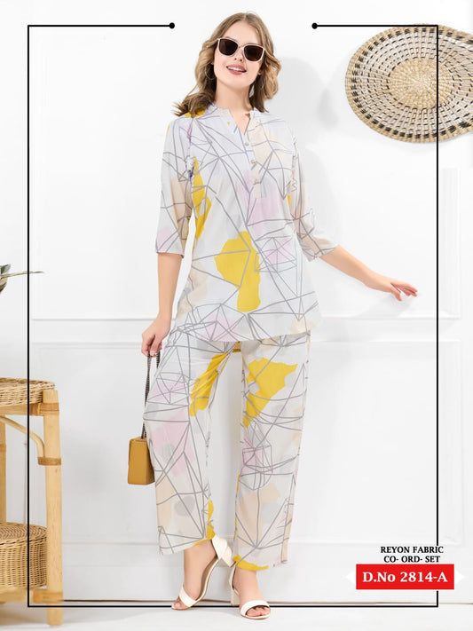 Woman wearing a geometric patterned outfit with sunglasses and a handbag on a white background