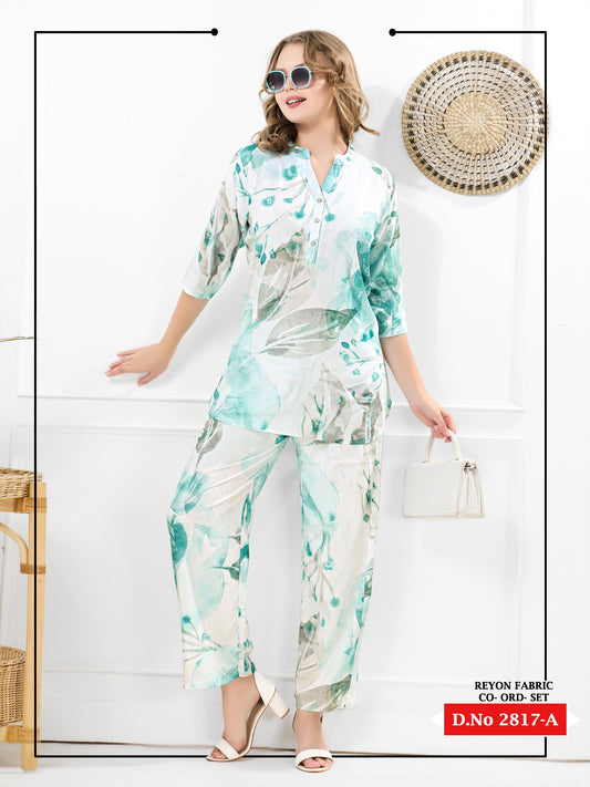 Woman wearing a floral outfit with sunglasses and a handbag on a white background