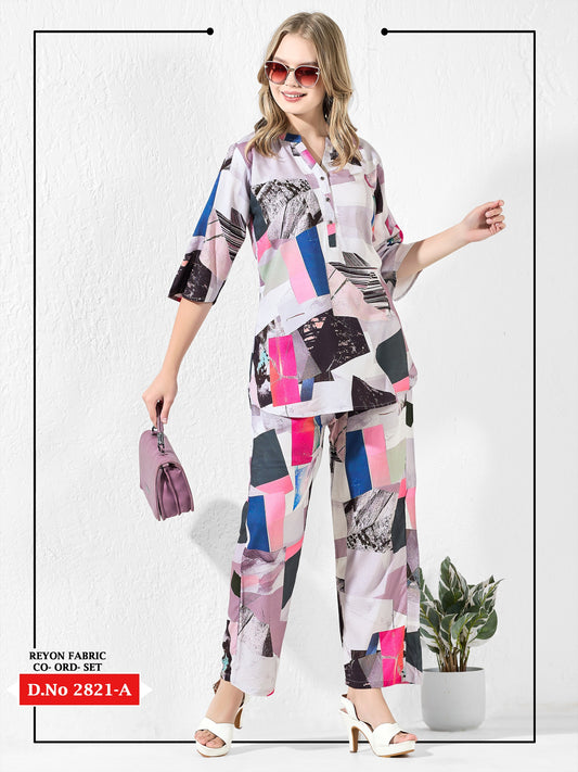 Woman wearing a colorful outfit with a plant and handbag on a white background