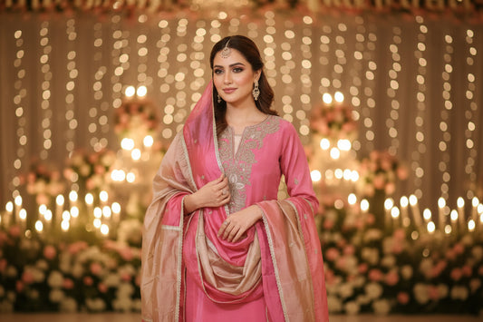 Pink traditional outfit with intricate embroidery on a wooden surface