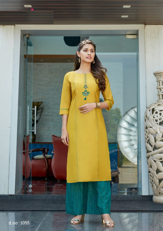 Yellow Embroidery work Rayon Kurti with Blue Rayon Palazzo