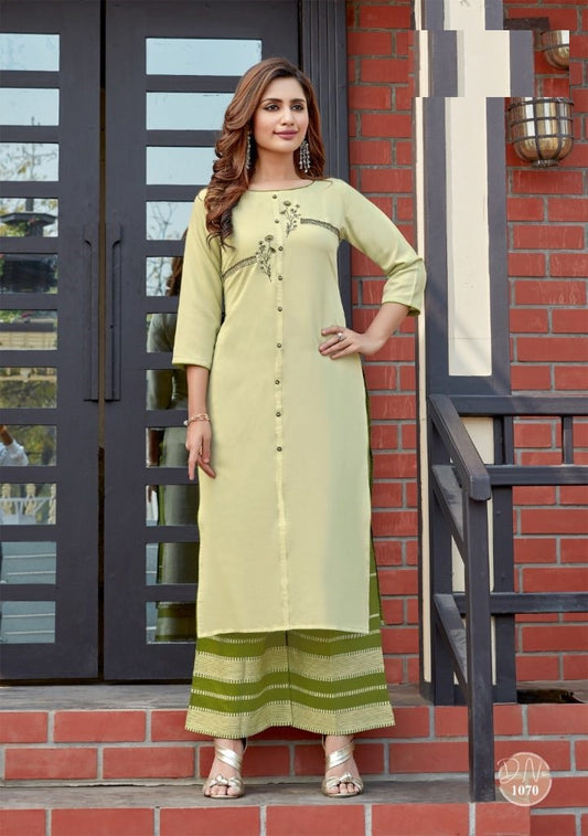Pista Green Embroidery work Rayon Kurti with Green Rayon Palazzo
