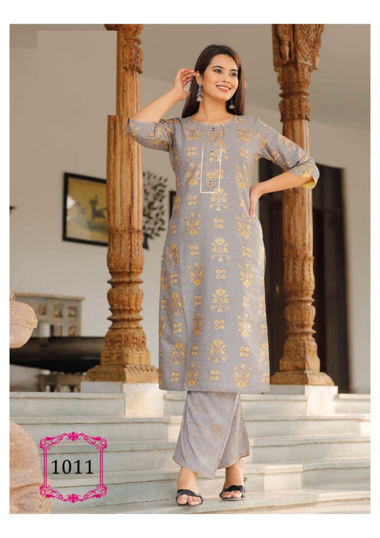 Grey Gota Patti work Rayon Print Kurti with Grey Rayon Palazzo - 3XL