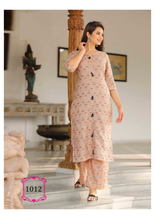 Beige Gota Patti work Rayon Print Kurti with Multicolor Rayon Palazzo