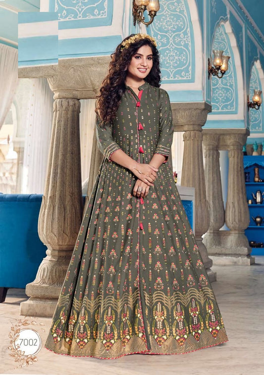 Mehandi Heavy Rayon Foil Print Gown Style Embroidery Work Kurti