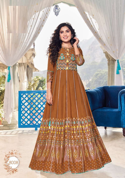 Brown Heavy Rayon Foil Print Gown Style Embroidery Work Kurti