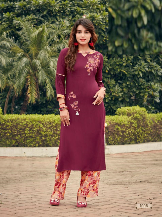 Purple Rayon Embroidery Work Kurti with Multicolor Printed Palazzo Colourkit 1005