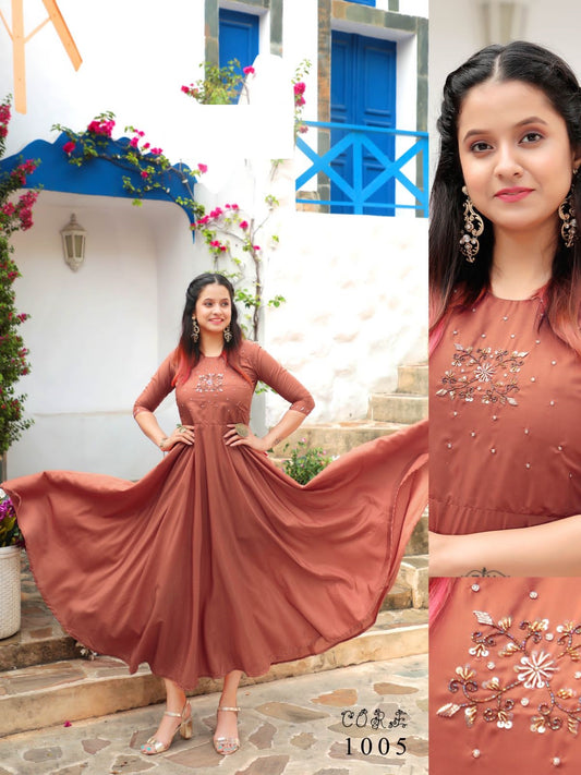 Peach Handwork Flared Kurti with Inner