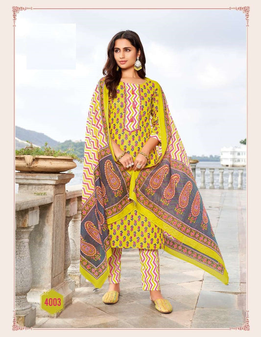 Cotton Printed Yellow and multicolor Kurti, pant and Dupatta A149