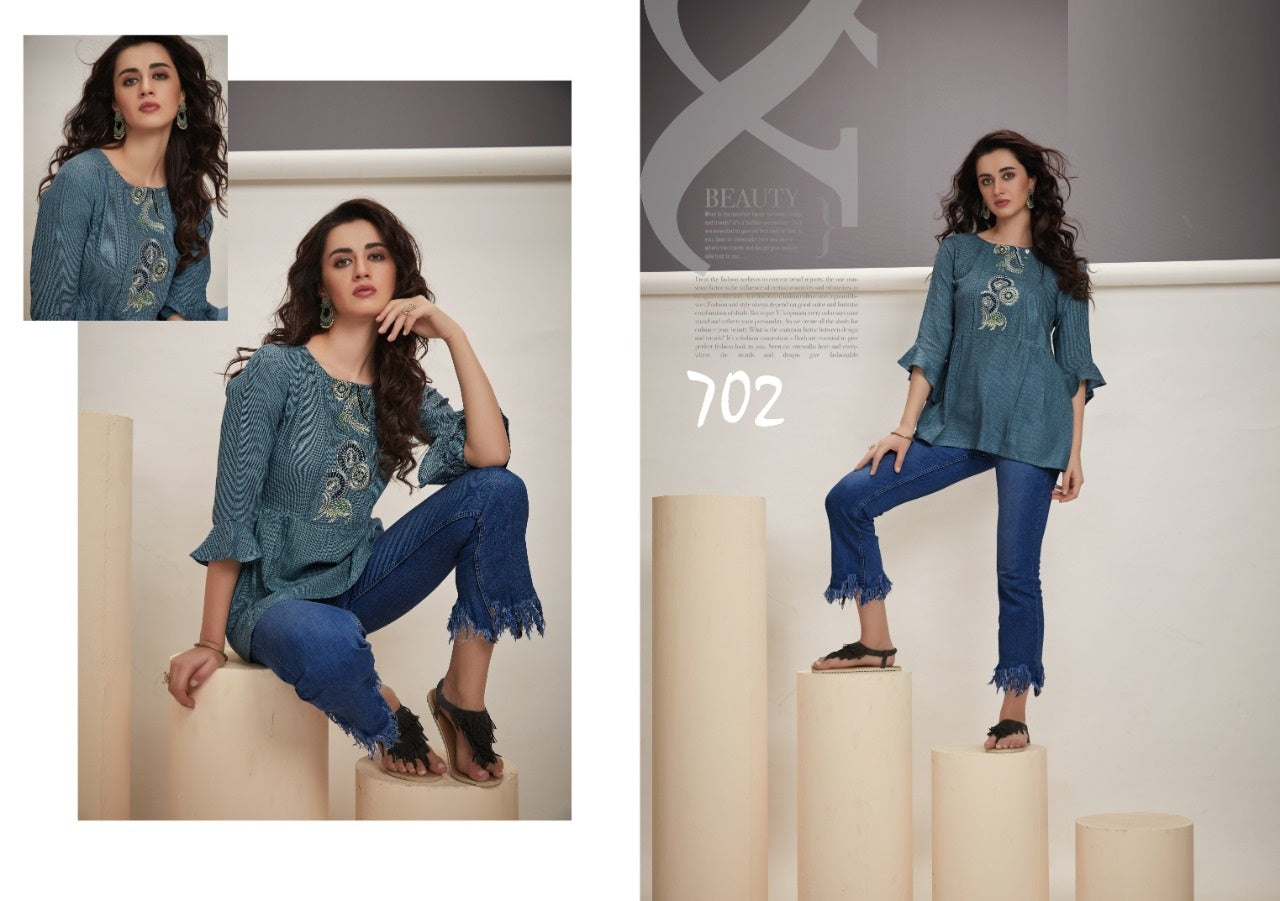 Blue and Black Fancy Cotton Jacquard & Weaved Fabric Top with Embroidery Work