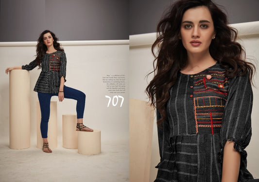 Black and White Fancy Cotton Jacquard & Weaved Fabric Top with Embroidery Work