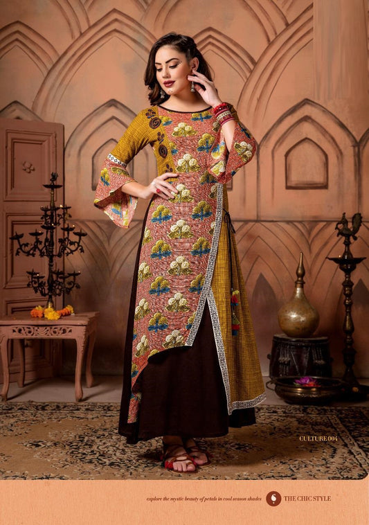 Mustard Yellow and Brown A line Designer Kurta