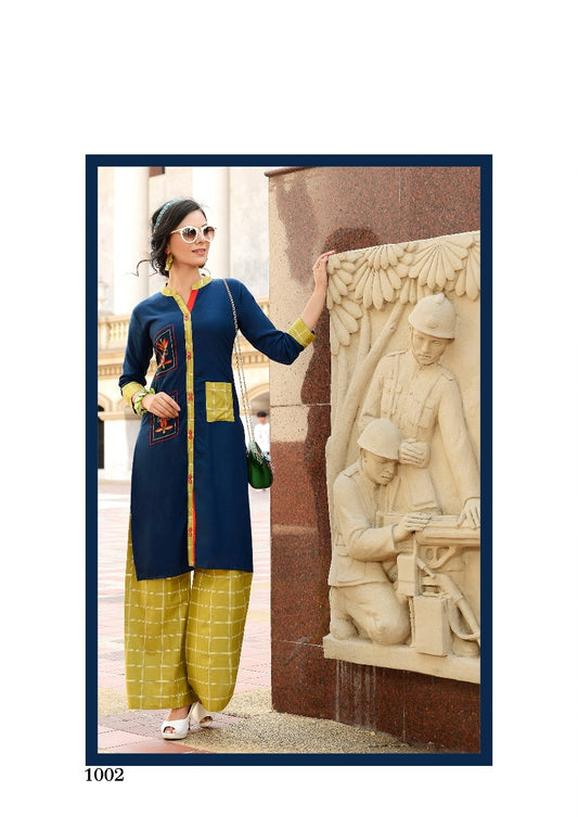 Navy Blue Heavy Rayon with Embroidery Work Kurti with Mehandi Cotton Palazzo
