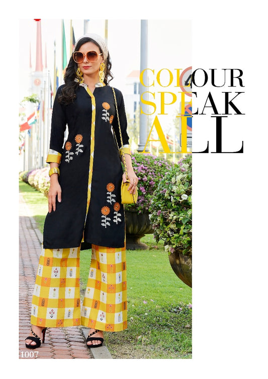 Black Heavy Rayon with Embroidery Work Kurti with Multicolor Cotton Printed Palazzo