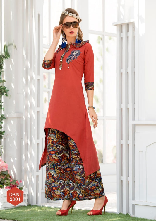 Red Heavy Rayon Kurti with Embroidery Work and Multicolor Heavy Cotton Cambric Print Palazzo