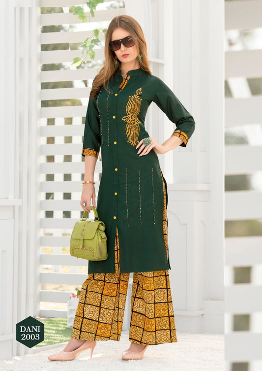 Bottole Green Heavy Rayon Kurti with Embroidery Work and Multicolor Heavy Cotton Cambric Print Palazzo