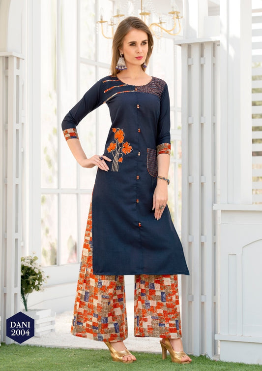 Navy Blue Heavy Rayon Kurti with Embroidery Work and Multicolor Heavy Cotton Cambric Print Palazzo