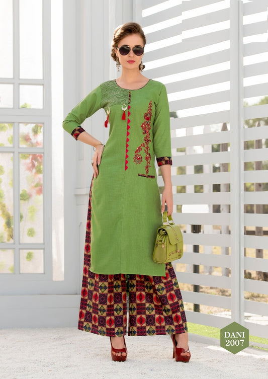 Green Heavy Rayon Kurti with Embroidery Work and Multicolor Heavy Cotton Cambric Print Palazzo