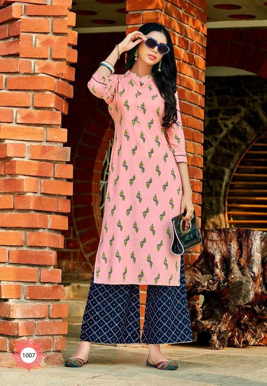 Baby Pink &amp; Navy Blue Kurti Palazzo Pair