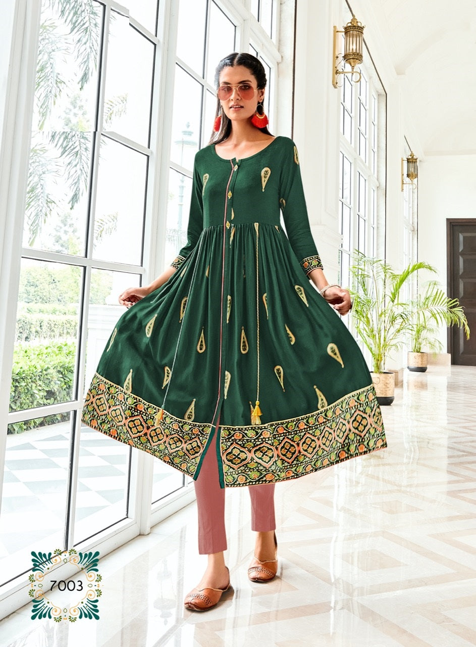 Bottle Green Printed Regular Wear Kurti