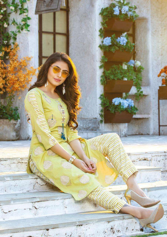 Green Cotton Print and Hand work Kurti with White Flex Cotton Printed Pant