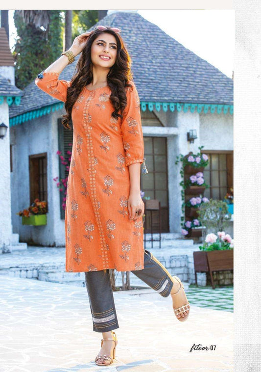Orange Cotton Print and Hand work Kurti with Grey Flex Cotton Embroidery Work Pant