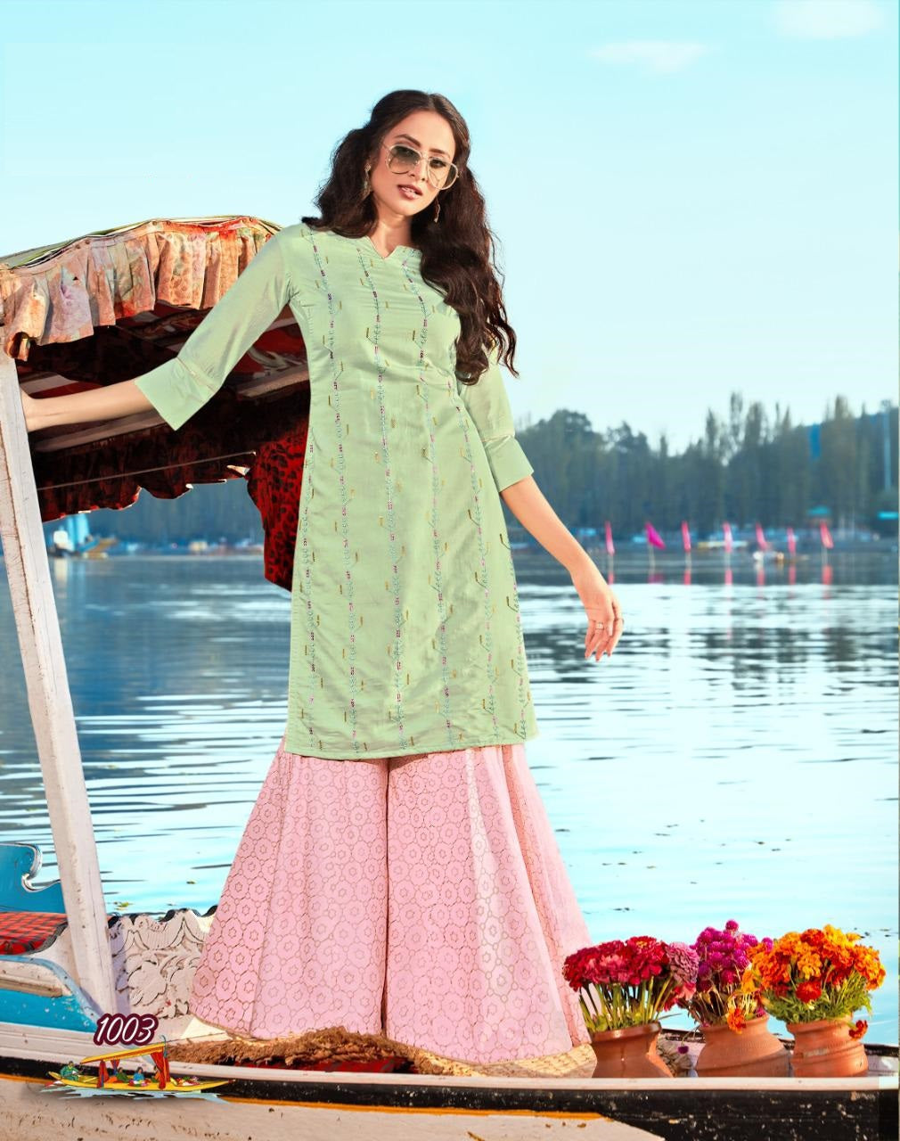 Pista Chanderi Kurti with Rayon Pink Palazzo