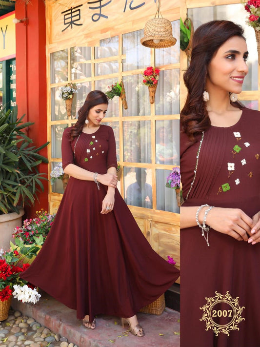 Brown Rayon Kurti with Embroidery work