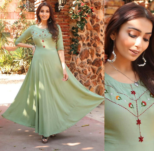 Green Rayon Kurti with Embroidery work