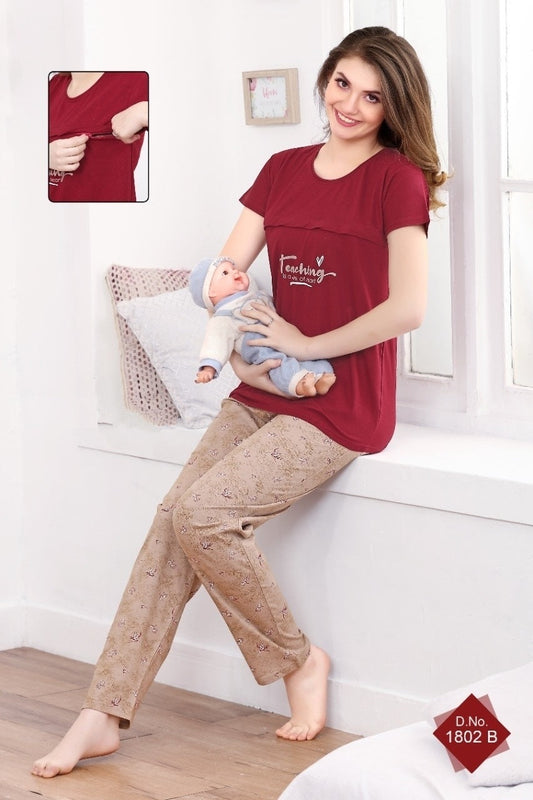 Feeding Cotton Hosiery Night suit - Maroon T-Shirt With 2 Sided zipper With Printed Brown pajama A275