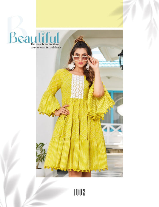 Mehandi Cotton Embroidery work western wear short flair tunics A300