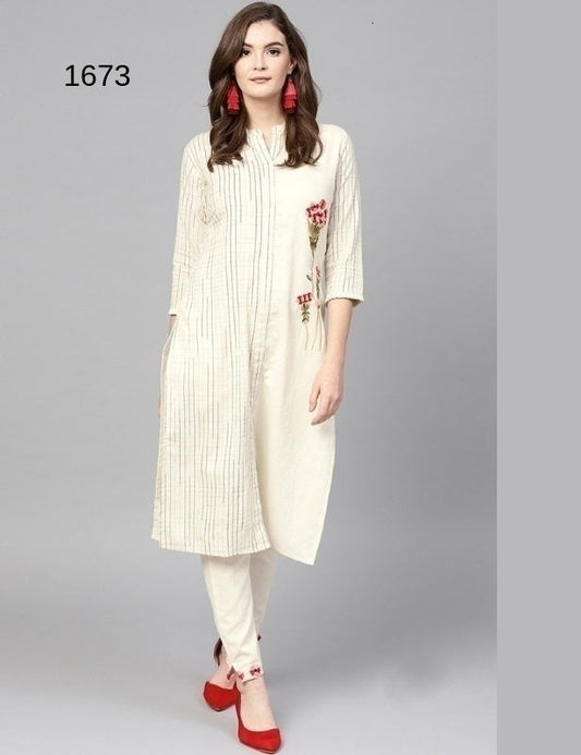 Offwhite Cotton Flex Embroidered Kurti With Pant
