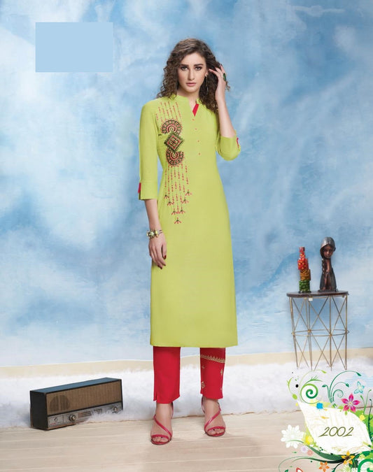 Pista Embroidery Work Kurti With Red Pant