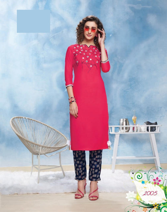 Rani Embroidery Kurti With Navy Blue Pant