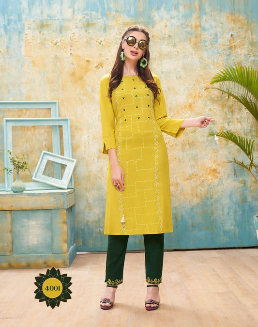 Yellow Embroidery Kurti with Bottle Green Pant
