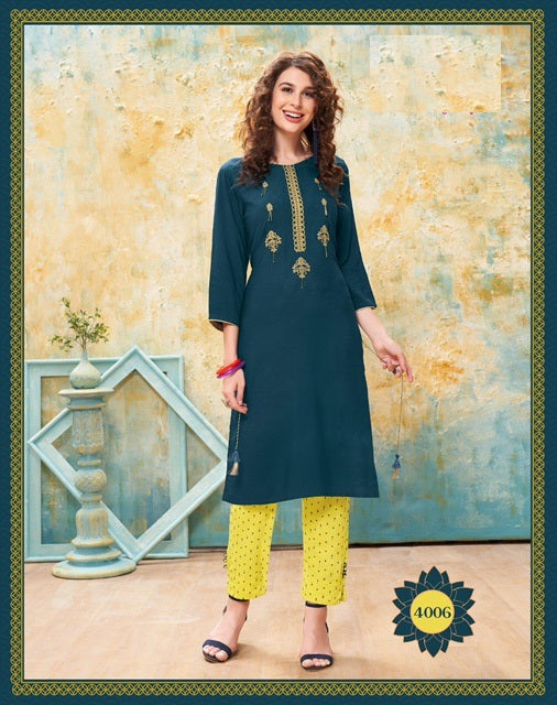 Bottle Green Embroidery Casual Wear Kurti With Yellow Pant