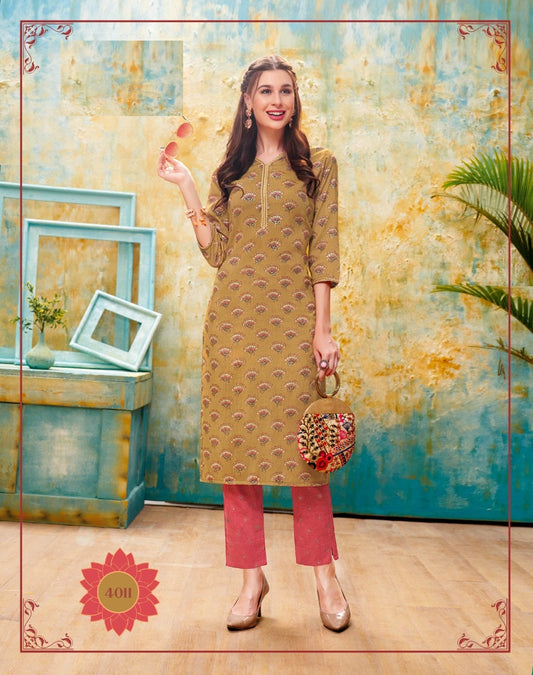 Light Brown Regular Wear Kurti With Peach Pant