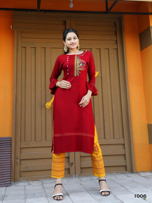 Red Rayon Embroidery Kurti With Yellow Pant