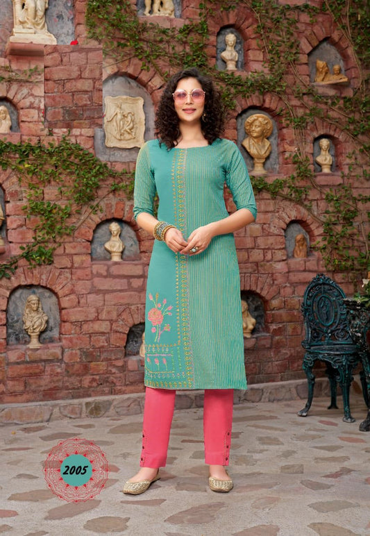 Sky Blue Rayon Embroidery Work Kurti with Pink pant