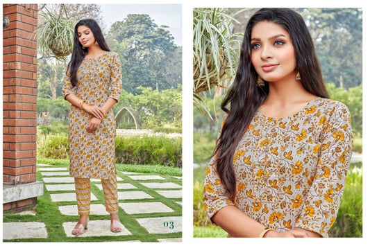 Grey Cotton Printed Regular Wear Kurti With Yellow and Grey lining Printed Pant sets