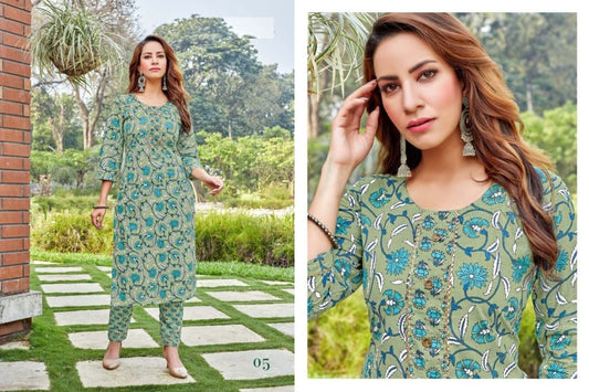 Green and Blue  Cotton Printed Regular Wear Kurti With Flower Printed Pant sets