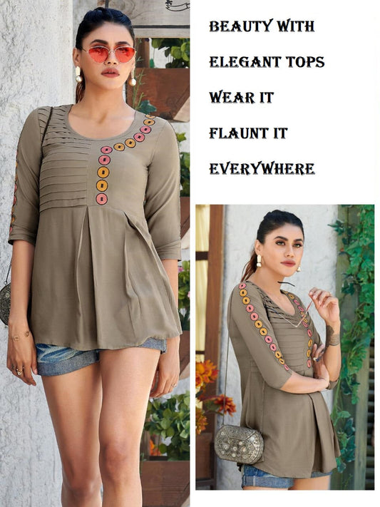 Khakhi Heavy Rayon Top With Embroidery A370