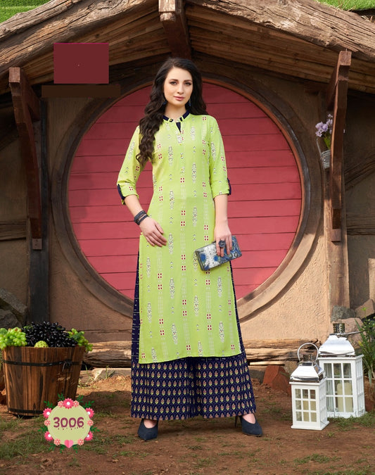 Green Printed Rayon Kurti with Navy Blue Flared Palazzo