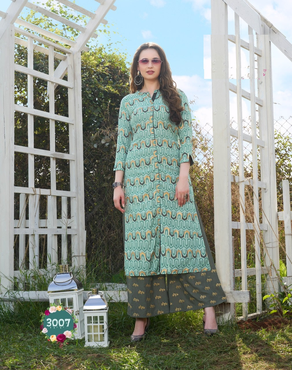 Sky Blue Printed Rayon Kurti with Grey Flared Printed Palazzo