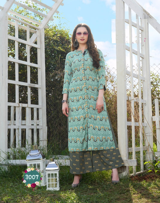 Sky Blue Printed Rayon Kurti with Grey Flared Printed Palazzo